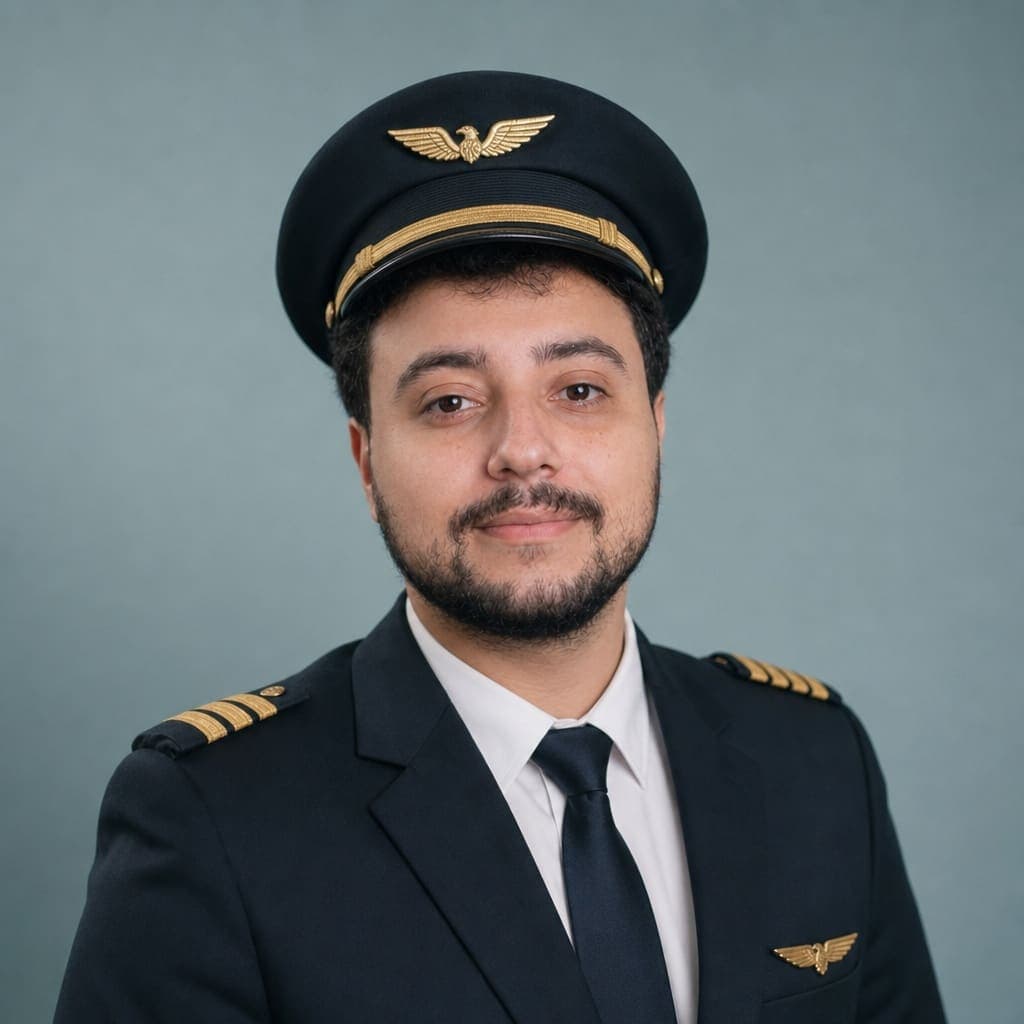 Uniforme de comandante de aviação, camisa branca, ombreiras douradas.
