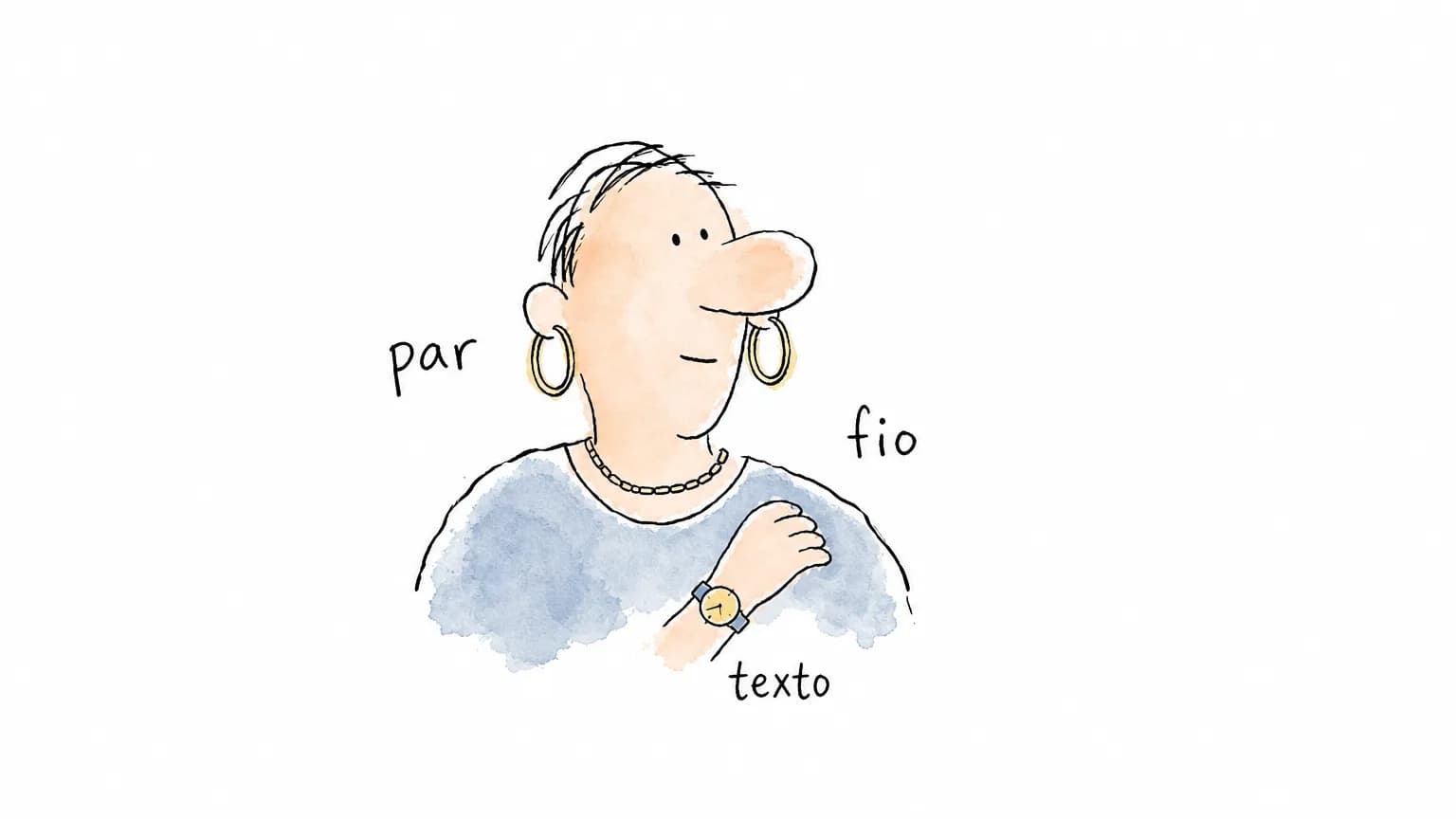 Figura desenhada à mão com argolas nas duas orelhas, corrente fina e relógio, rotulados par, fio e texto: os três custos do acessório na foto.
