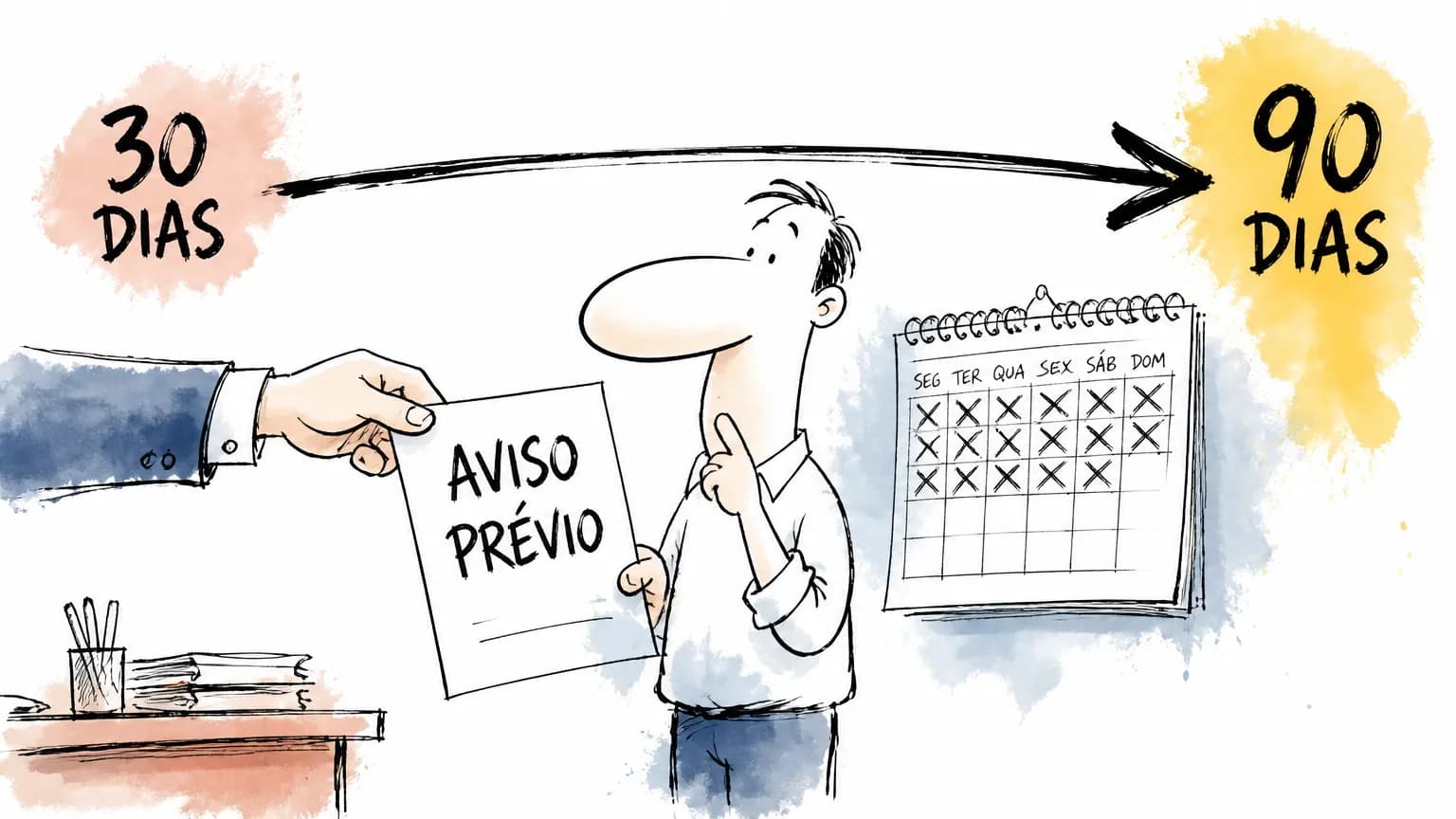 Ilustração de trabalhador recebendo uma carta de aviso prévio, com calendário ao lado e uma seta que cresce de 30 para 90 dias.