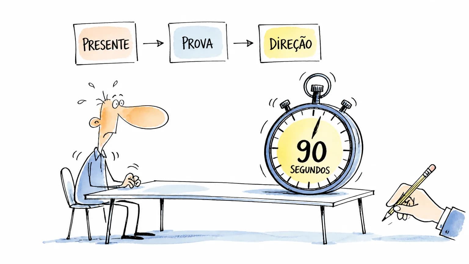 Candidato em entrevista diante de cronômetro e cartões presente, prova e direção