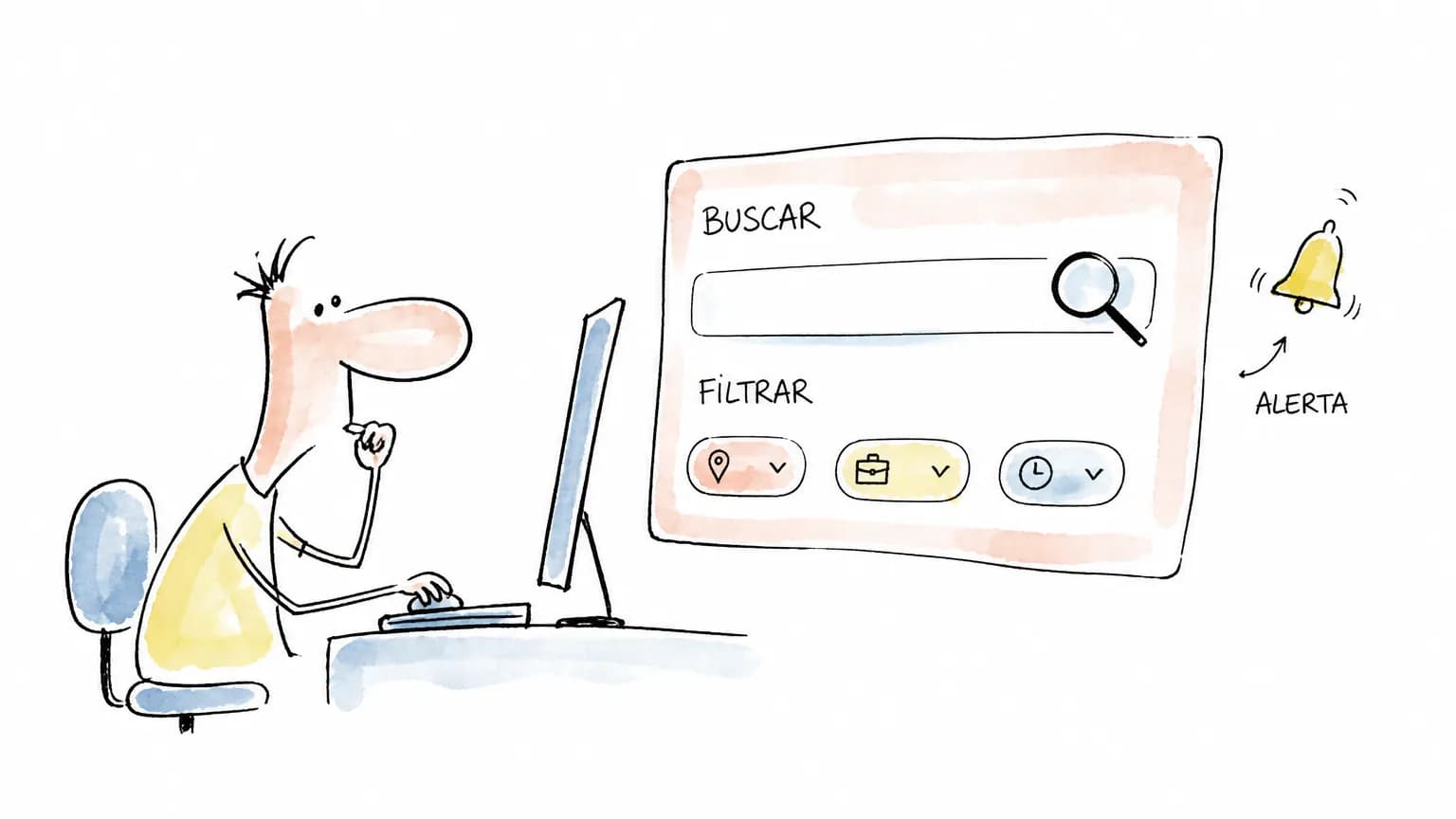 Pessoa pesquisando vagas em painel com filtros e alerta
