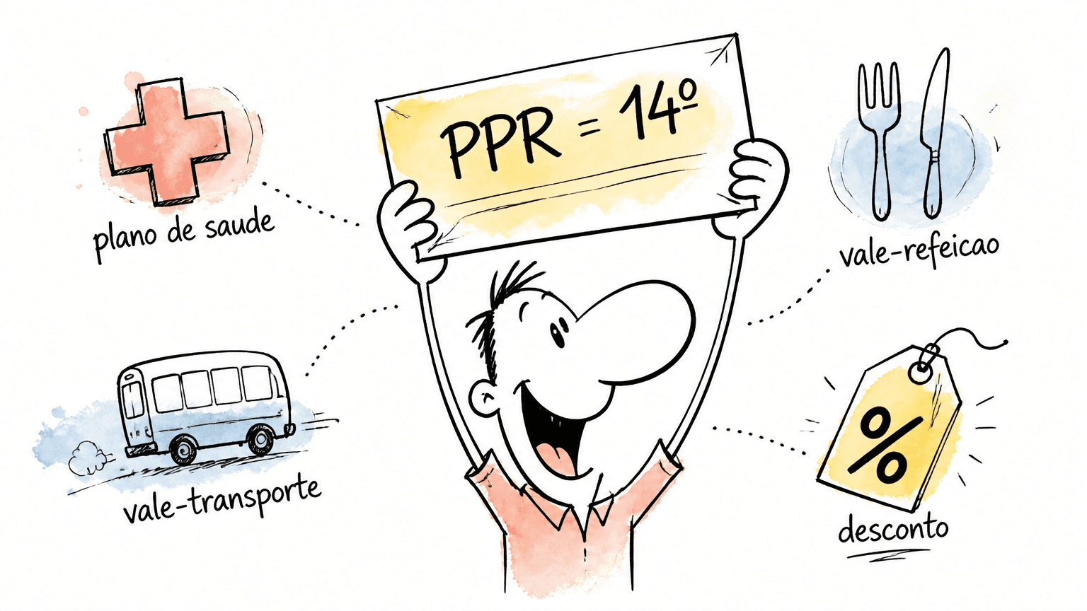 Cartoon de pessoa segurando o cartaz 'PPR = 14º' cercada por ícones de plano de saúde, vale-refeição, vale-transporte e desconto