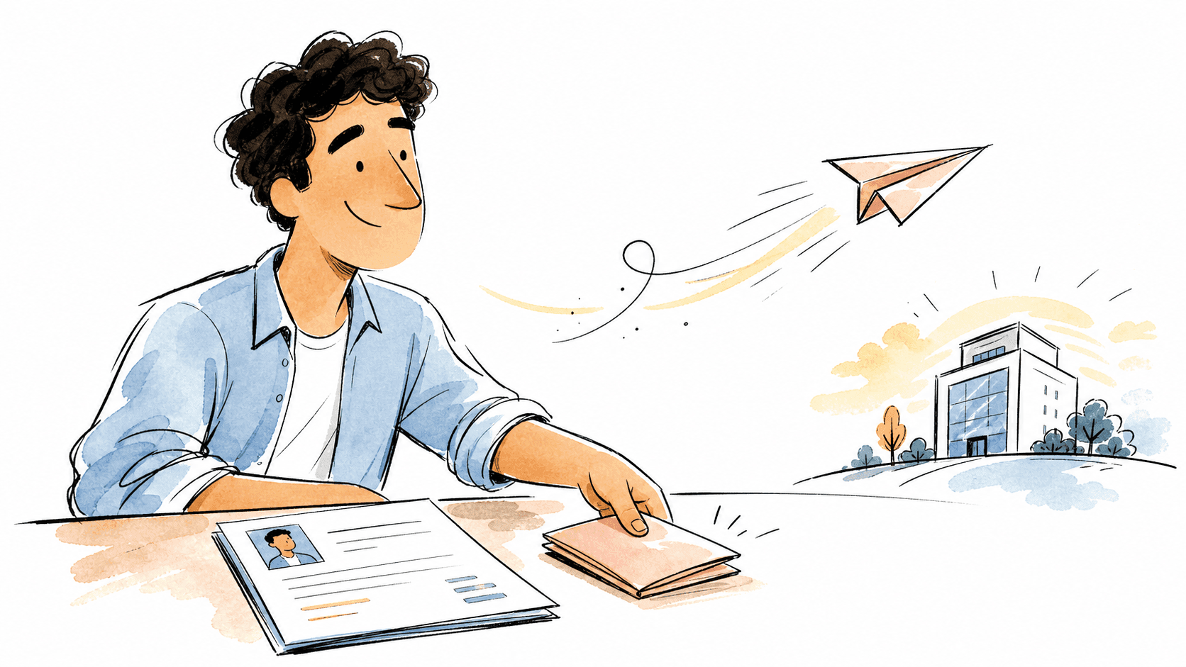 Pessoa preparando uma carta de apresentação ao lado do currículo, com avião de papel rumo a um escritório