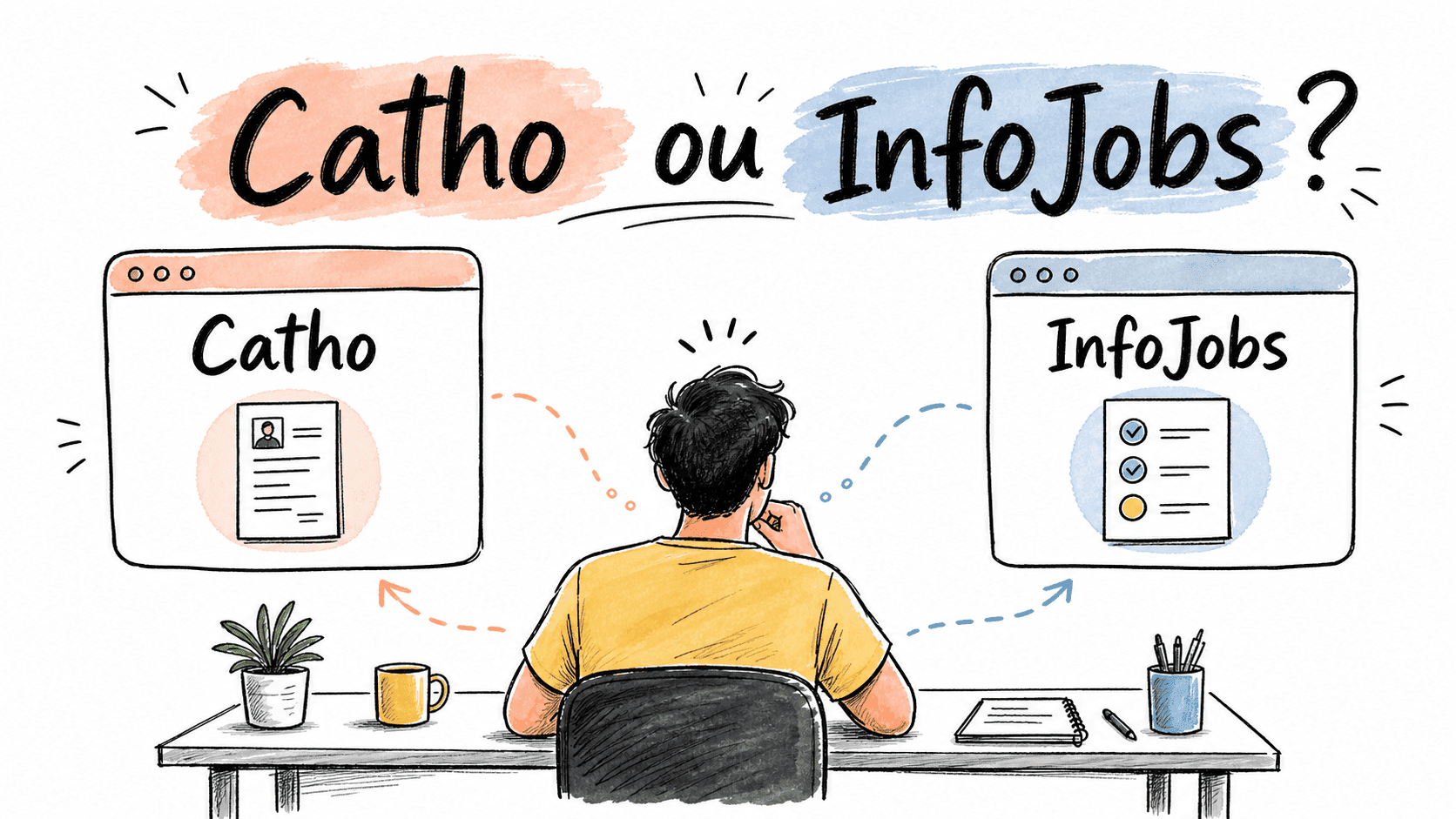 Pessoa candidata comparando Catho e InfoJobs em dois painéis de vagas
