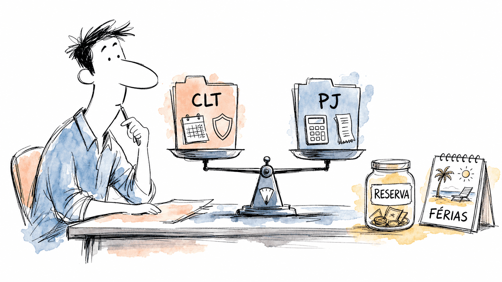 Profissional comparando CLT e PJ em uma balança, com reserva e férias ao lado