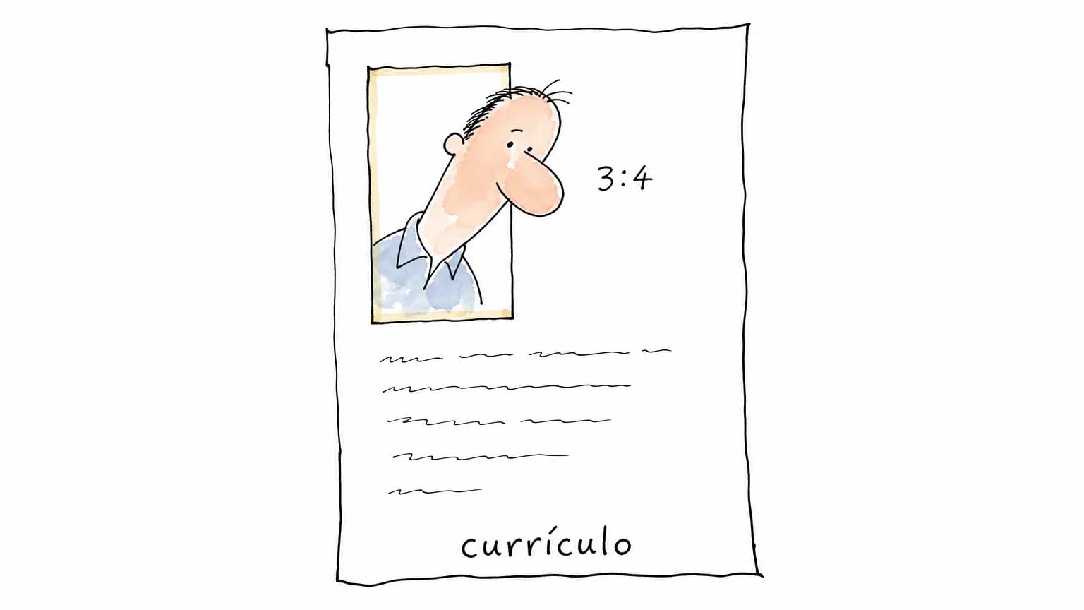 Folha de currículo com um retângulo vertical vazio marcado 3:4 e um retrato de traço solto chegando na diagonal para ocupar essa moldura.