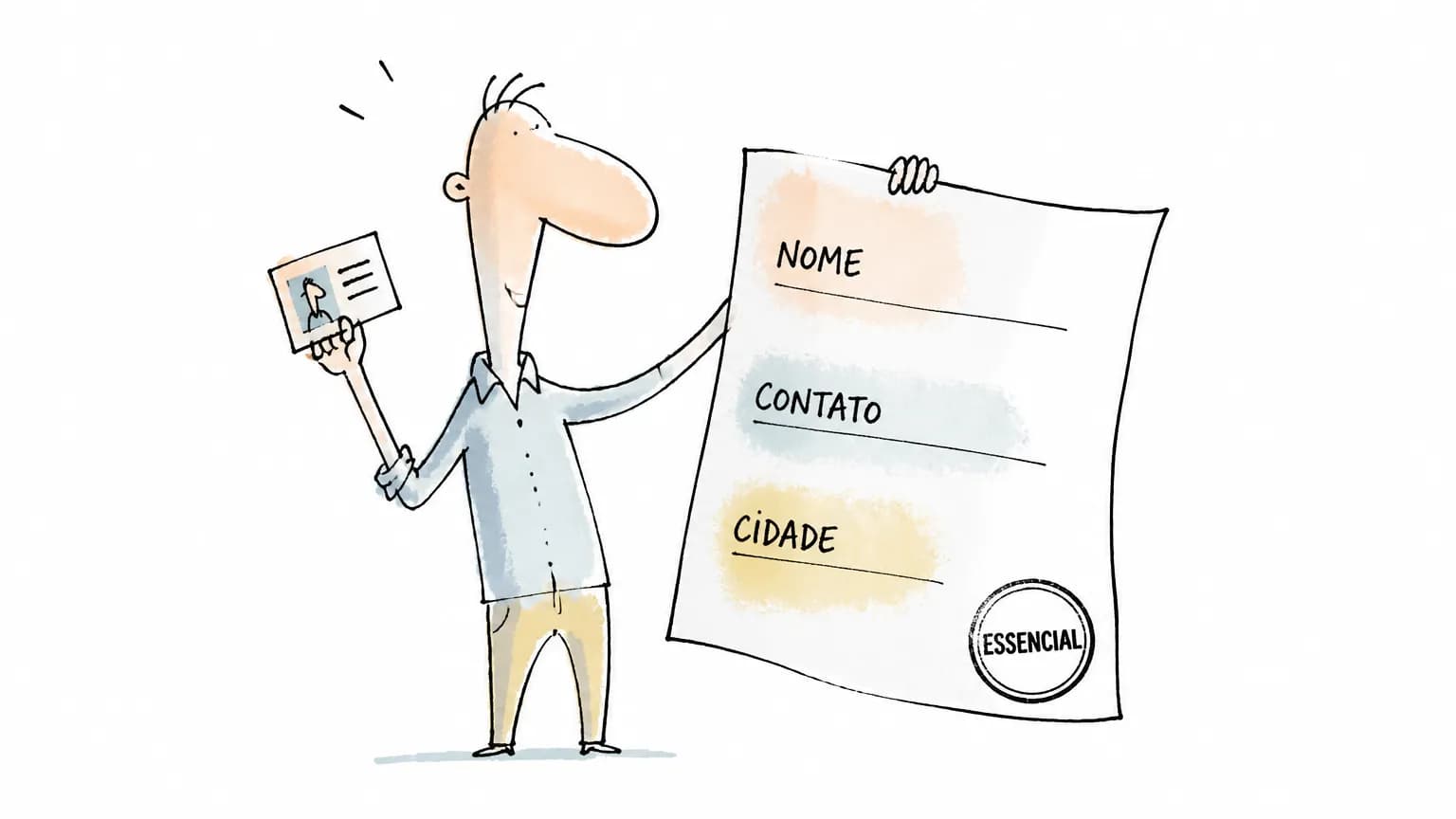Ilustração de pessoa segurando currículo com nome, contato e cidade como dados essenciais.