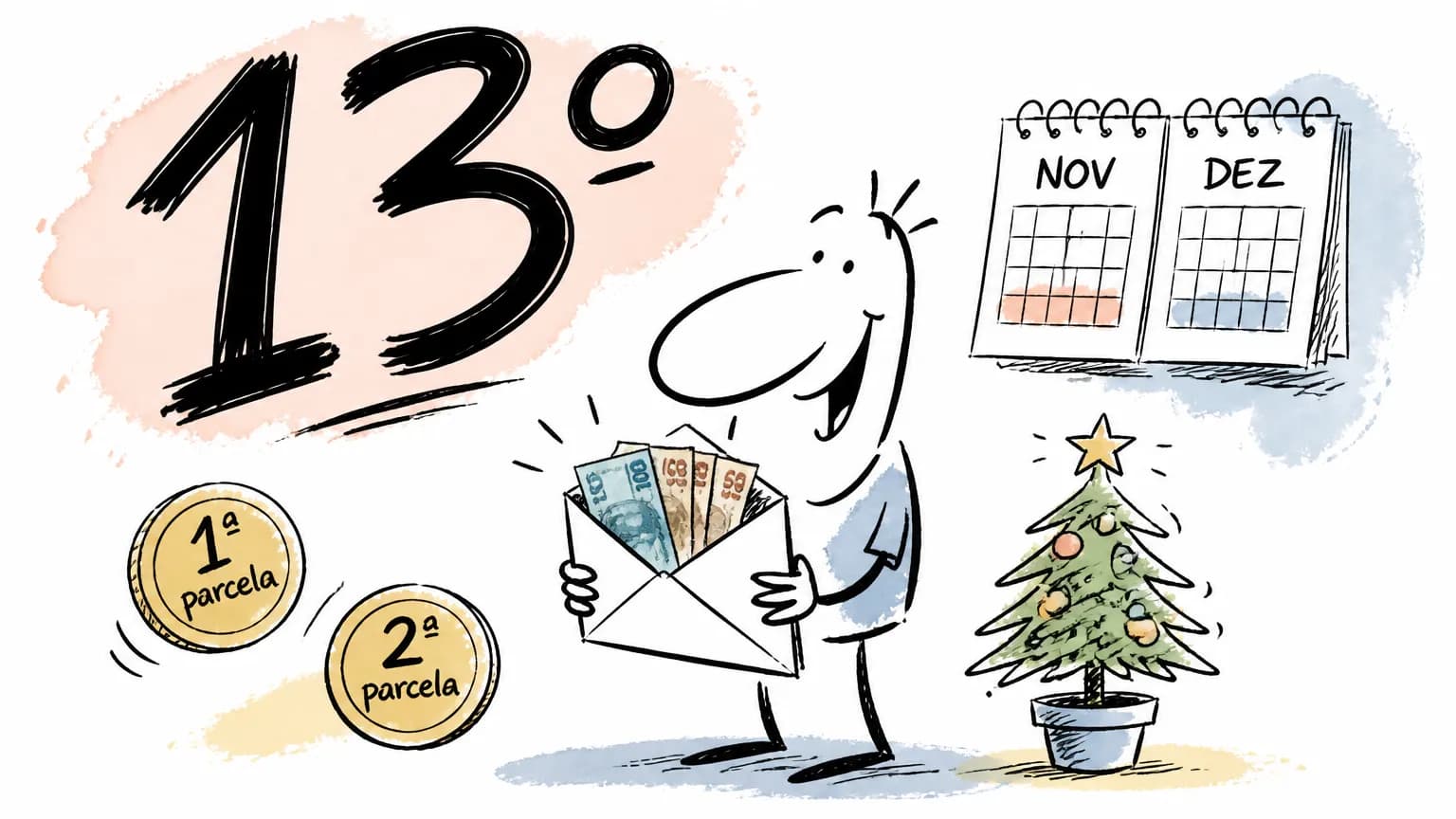Doodle de trabalhador recebendo envelope com dinheiro ao lado de uma árvore de Natal, com 1ª e 2ª parcela, alusão ao 13º salário.
