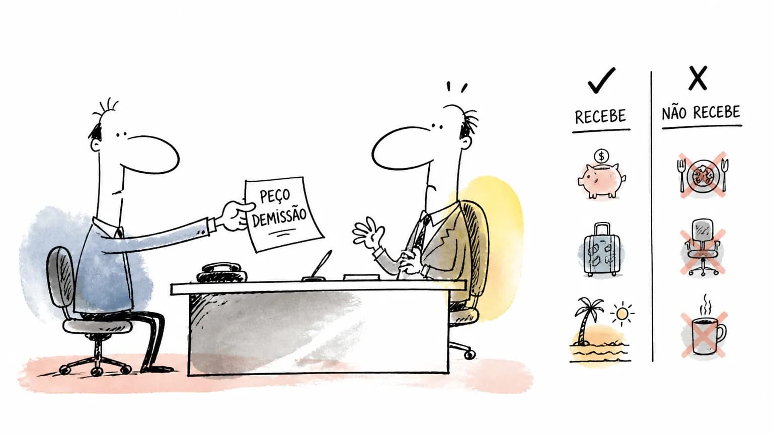 Doodle de funcionário entregando carta de pedido de demissão ao chefe, ao lado de colunas marcando o que recebe e o que não recebe.