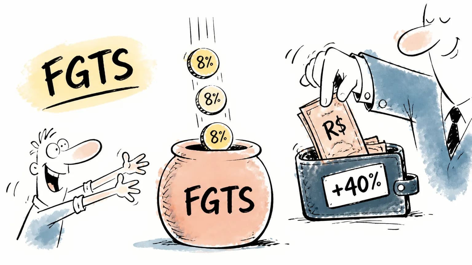 Doodle de cofre do FGTS recebendo moedas de 8% por mês e um chefe pagando 40% a mais, alusão ao saldo e à multa do FGTS.