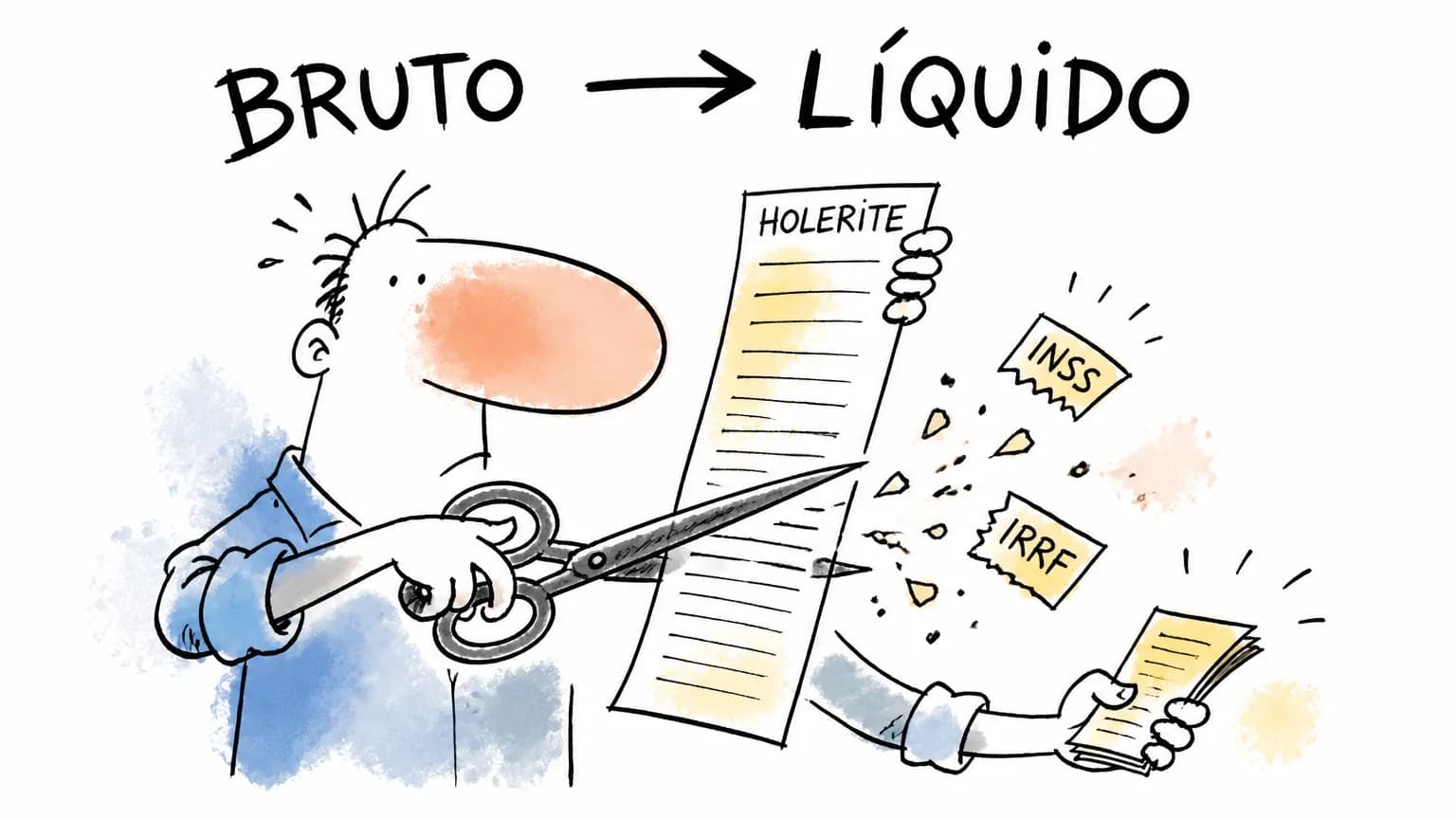 Doodle de trabalhador com contracheque cortado por uma tesoura, recortes marcados INSS e IRRF, o líquido na mão, alusão ao salário líquido.