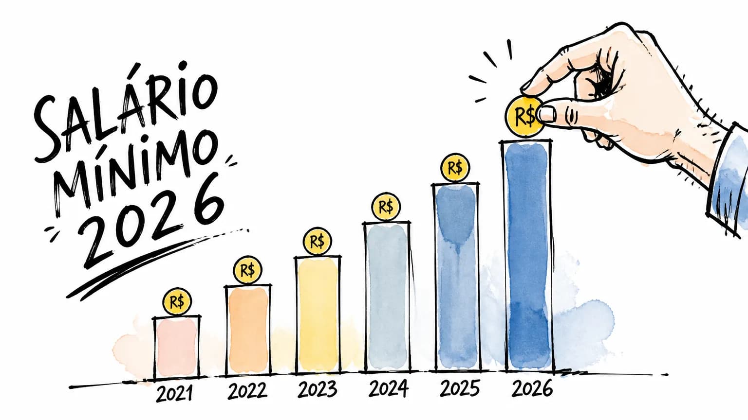 Doodle de gráfico de barras crescendo de 2021 a 2026, com moedas no topo e uma mão colocando uma moeda na barra mais alta, alusão ao salário mínimo de 2026.