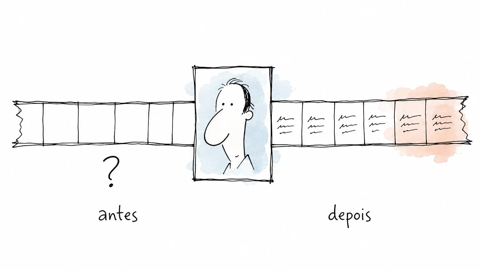 Fita de calendário com um cartão de retrato no meio: as células de antes estão vazias, com um ponto de interrogação, e as de depois trazem anotações.
