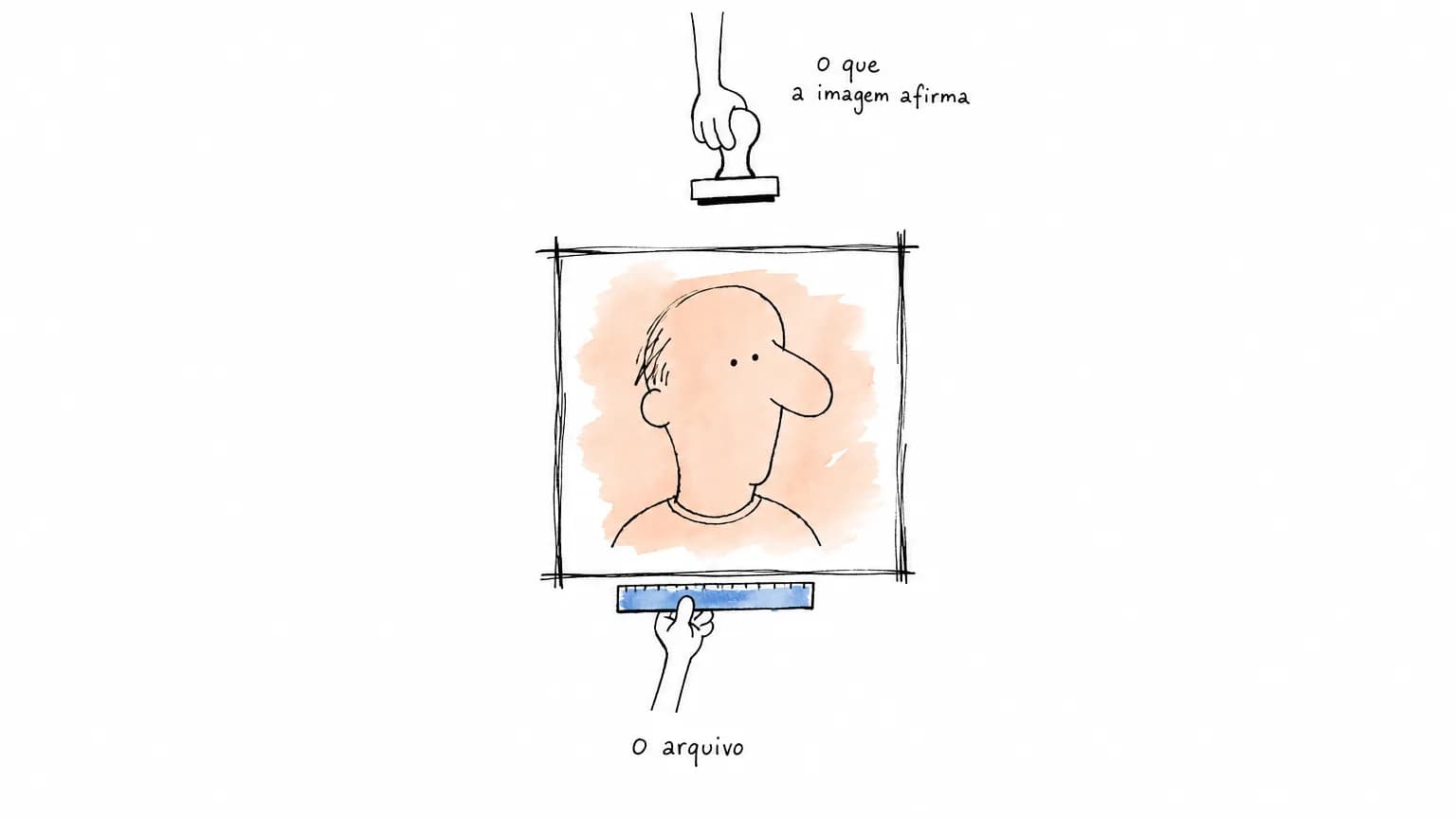 Retrato num quadro: por baixo, uma mão encosta uma régua na borda sob "o arquivo"; por cima, outra mão paira um carimbo sob "o que a imagem afirma".