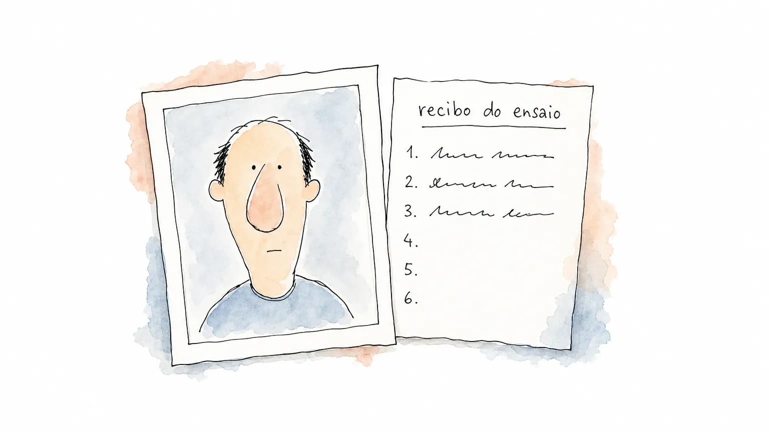 Retrato impresso ao lado de um recibo do ensaio escrito à mão: das seis linhas numeradas, só as três primeiras foram preenchidas.
