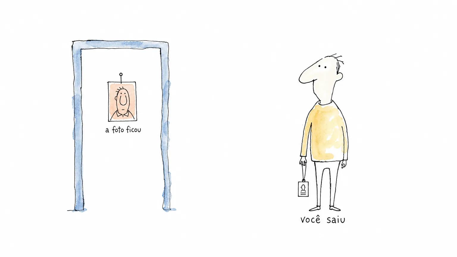 Pessoa fora do vão da porta com o crachá na mão, sob "você saiu", e o retrato ainda pendurado num prego dentro, sob "a foto ficou".