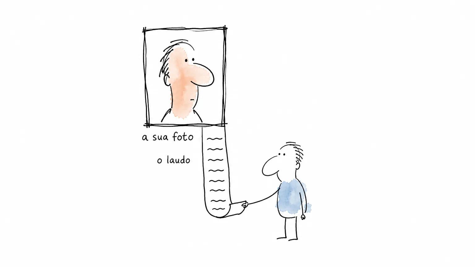 Cartão com um rosto de traço solto sob o rótulo a sua foto e, descendo dele, uma tira de oito linhas escritas sob o rótulo o laudo, lida por outra pessoa