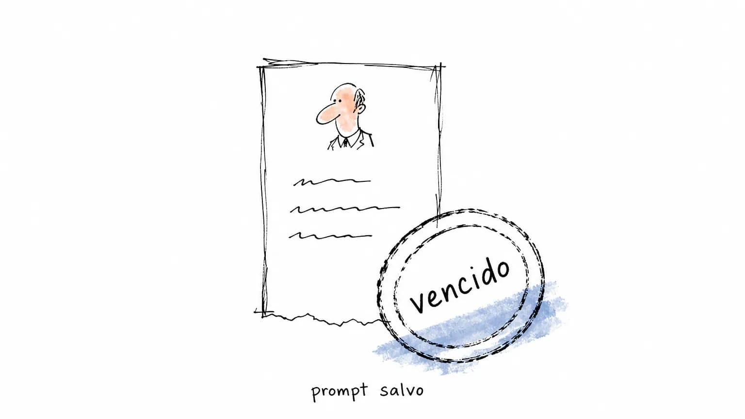 Folha do prompt salvo, com um retrato pequeno e três linhas rabiscadas, coberta por um carimbo redondo torto escrito vencido