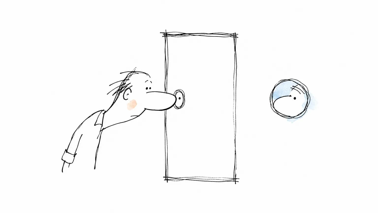 Pessoa desenhada encosta o rosto no olho mágico de uma porta e, do outro lado, um círculo azul devolve só um pedaço do rosto dela: nariz, um olho e fios.
