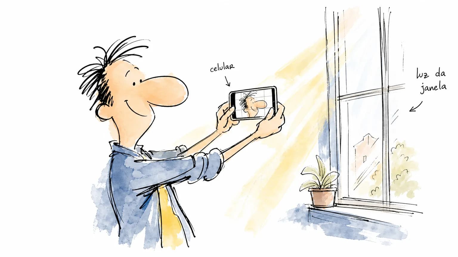 Cartoon de pessoa tirando a própria foto profissional com o celular apoiado na altura dos olhos, perto da janela, com a luz natural batendo no rosto