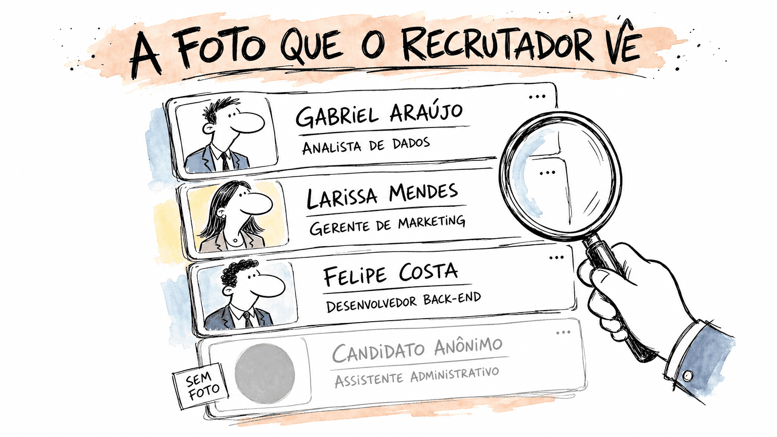 Ilustração estilo Red Bull do painel do recrutador na Gupy com cards de candidatos, um deles sem foto destacado como menos visível na lista.