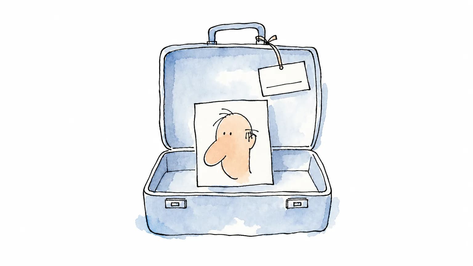 Mala aberta com um cartão de retrato dentro e, pendurada na alça, uma etiqueta de bagagem em branco: a foto viaja sem destino declarado.