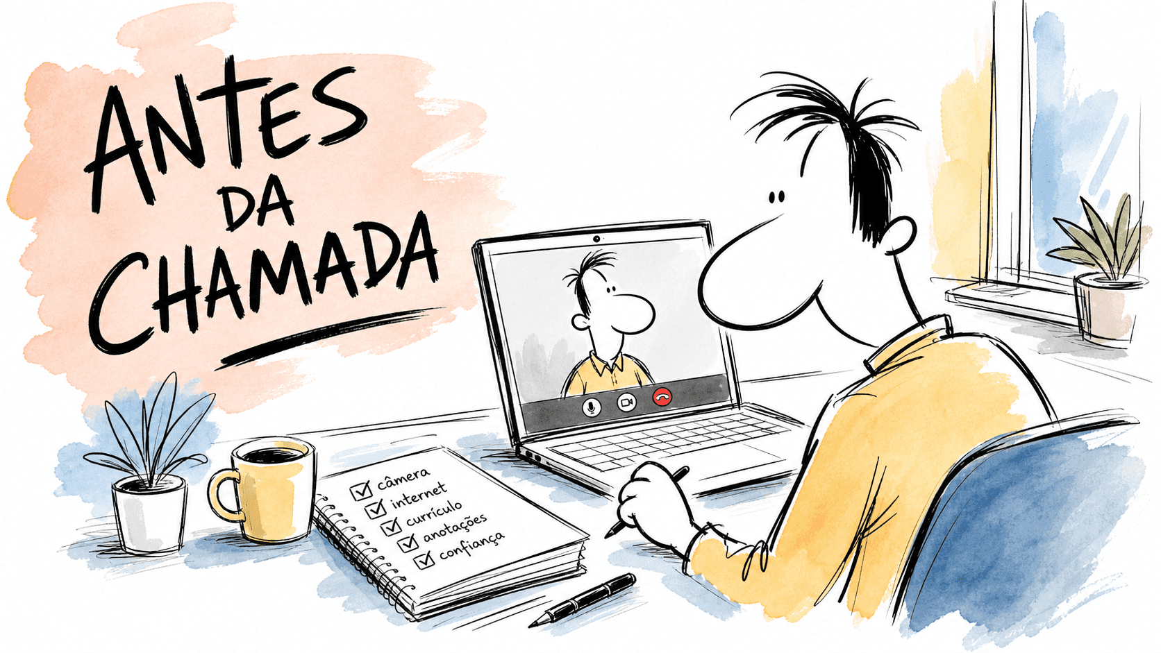 Pessoa ajusta câmera e checklist antes de uma entrevista online