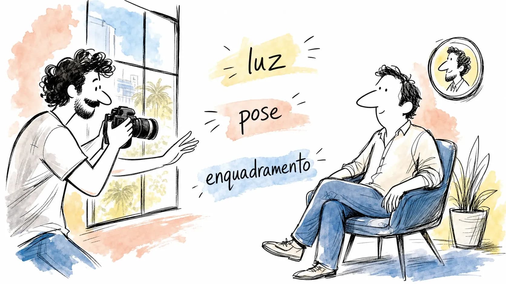 Ilustração de fotógrafo dirigindo retrato com luz, pose e enquadramento
