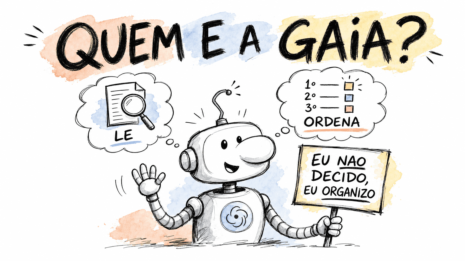 Ilustração estilo Red Bull em pt-BR da Gaia, a inteligência artificial da Gupy, se apresentando: o que ela faz e o que não faz na triagem de currículos.