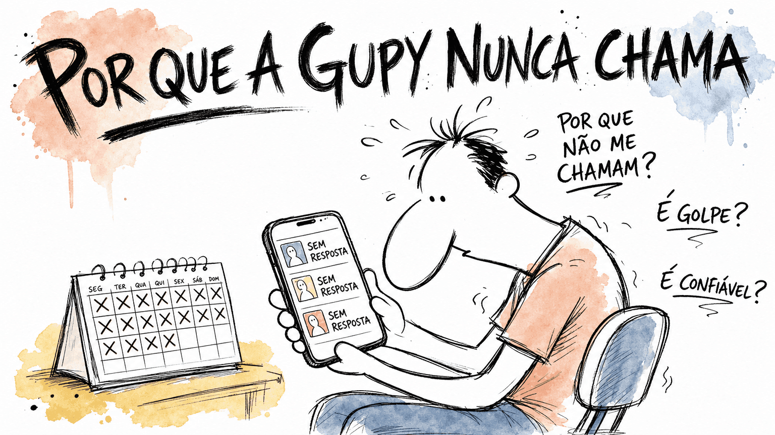 Ilustração estilo Red Bull de um candidato olhando o celular com vagas sem resposta, perguntando por que a Gupy nunca chama e se é confiável.