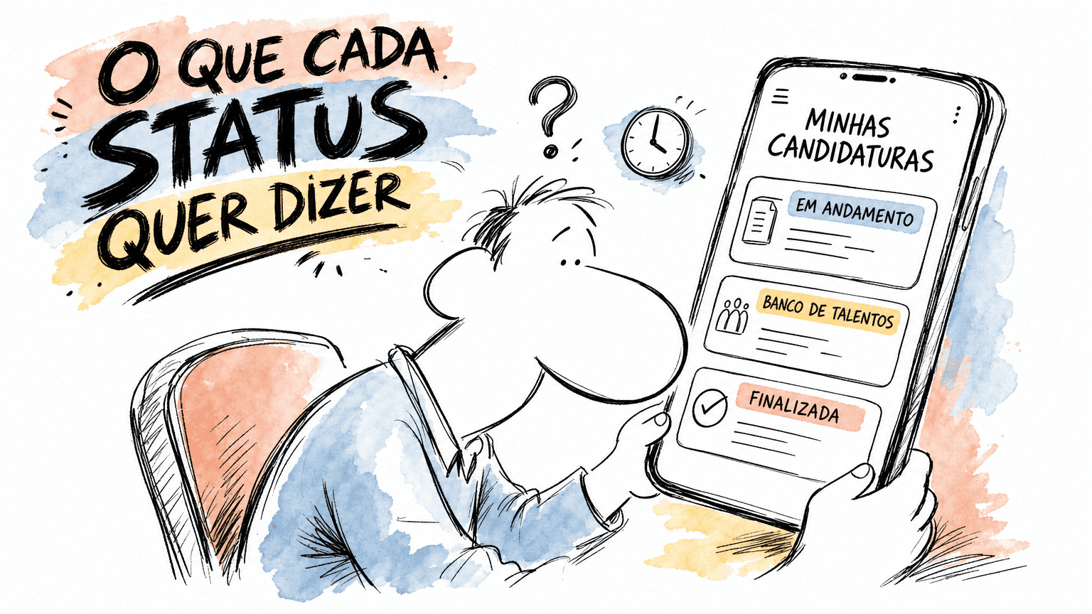 Ilustração estilo Red Bull de um candidato olhando o painel Minhas Candidaturas da Gupy com os status em andamento, banco de talentos e finalizada.