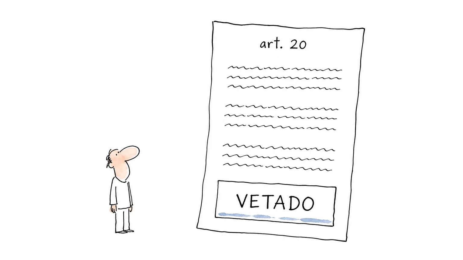 Uma figura pequena olha para a folha da lei rotulada art. 20: as três primeiras faixas trazem texto e a quarta é uma caixa vazia com a palavra VETADO.