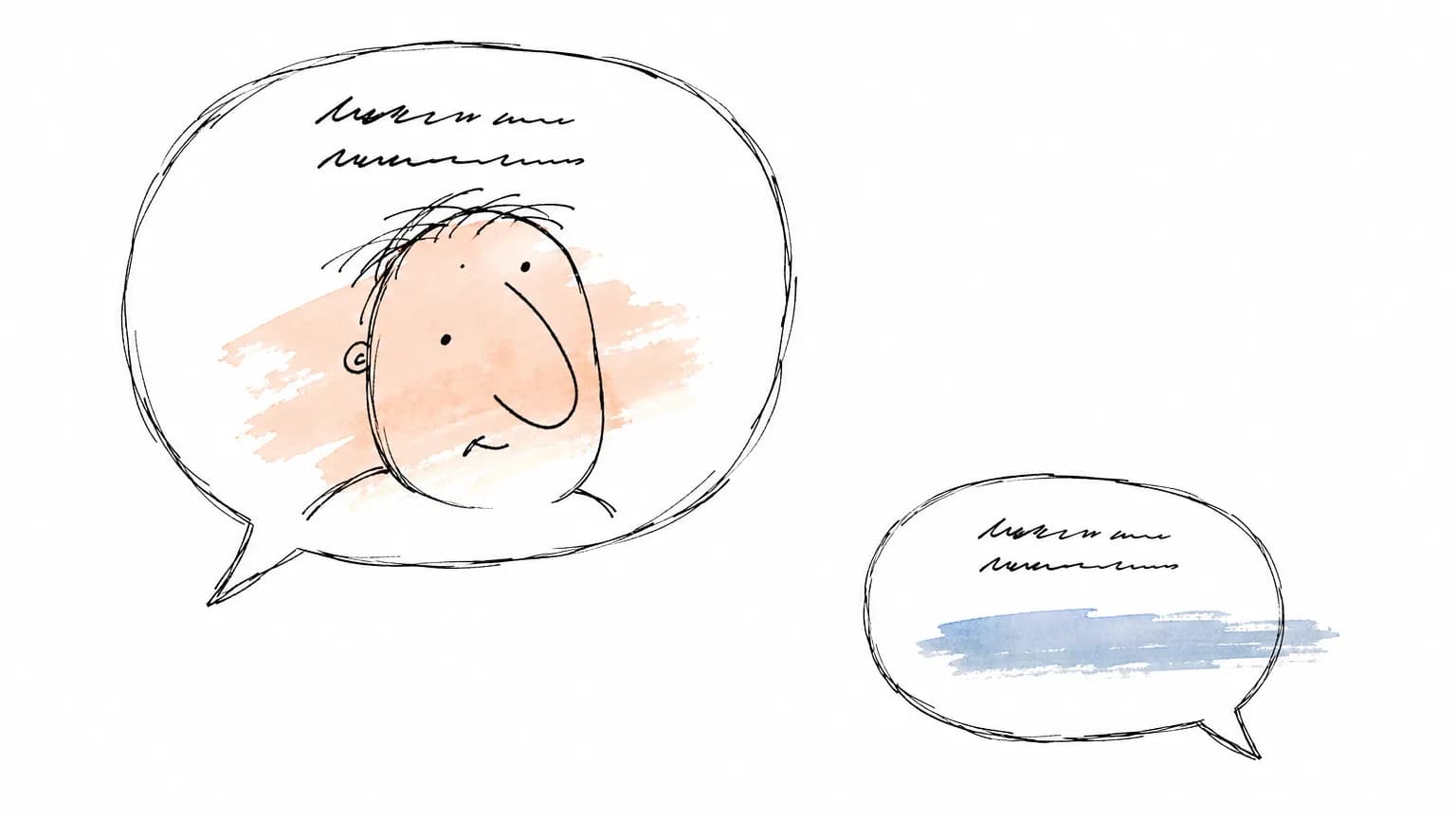 Dois balões de conversa com o mesmo endereço rabiscado: no maior o rosto aparece grande, no menor não veio foto nenhuma, só uma faixa azul clara.