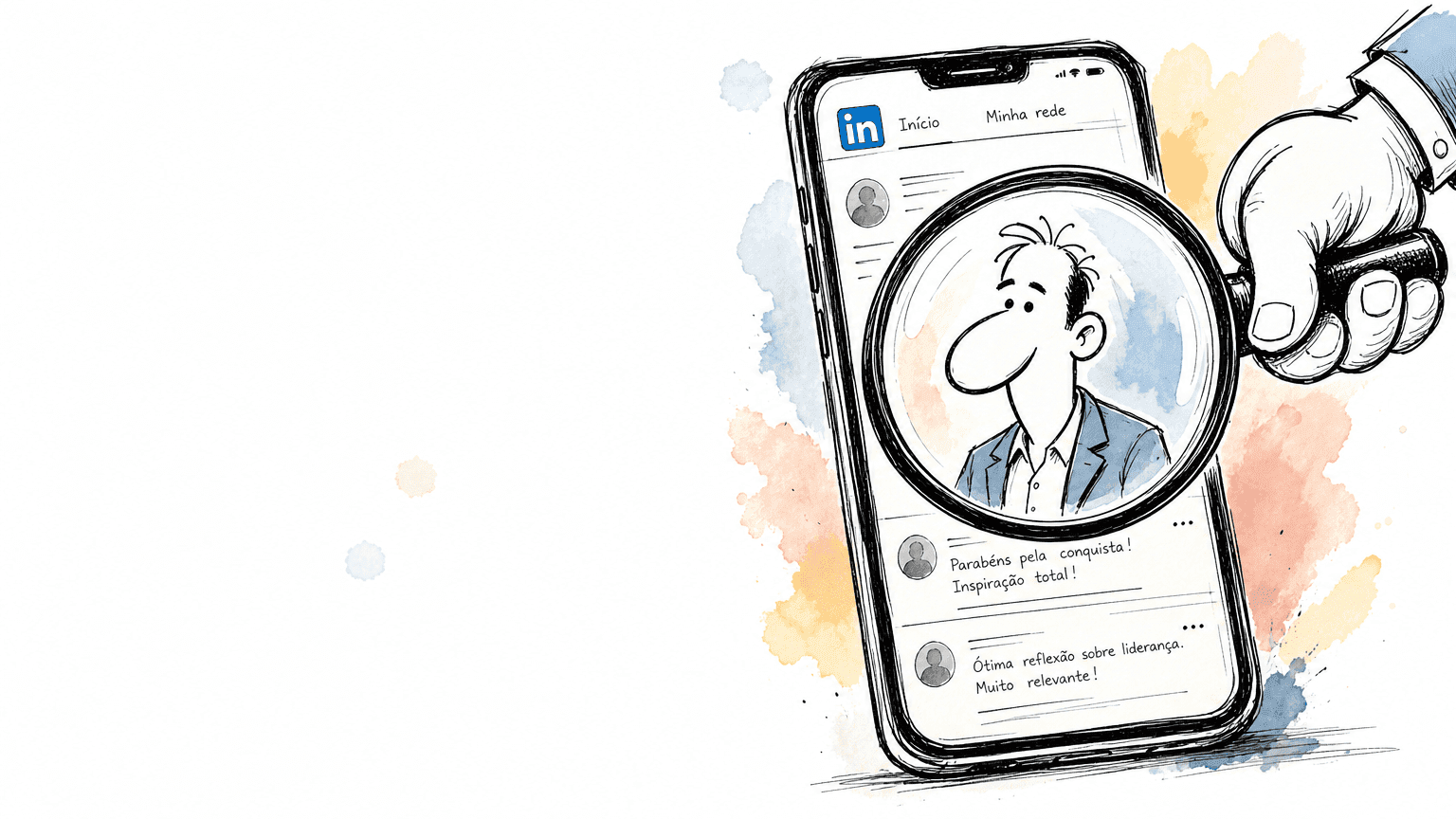 Cartoon estilo Red Bull: lupa hovering sobre celular com feed do Linkedin, composição deslocada à direita — alusão à triagem cognitiva de 100ms