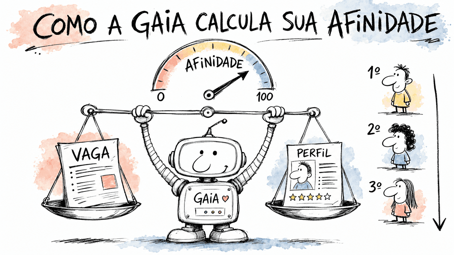Ilustração estilo Red Bull em pt-BR da IA Gaia da Gupy cruzando a vaga e o seu perfil para calcular a afinidade e ordenar a fila de candidatos.