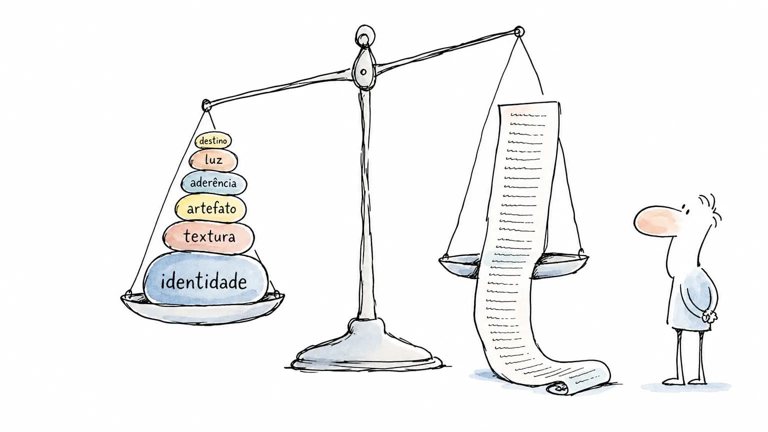 Balança de dois pratos: o prato com seis pesos rotulados por critério, o maior deles identidade, desce mais que o prato do prompt comprido.