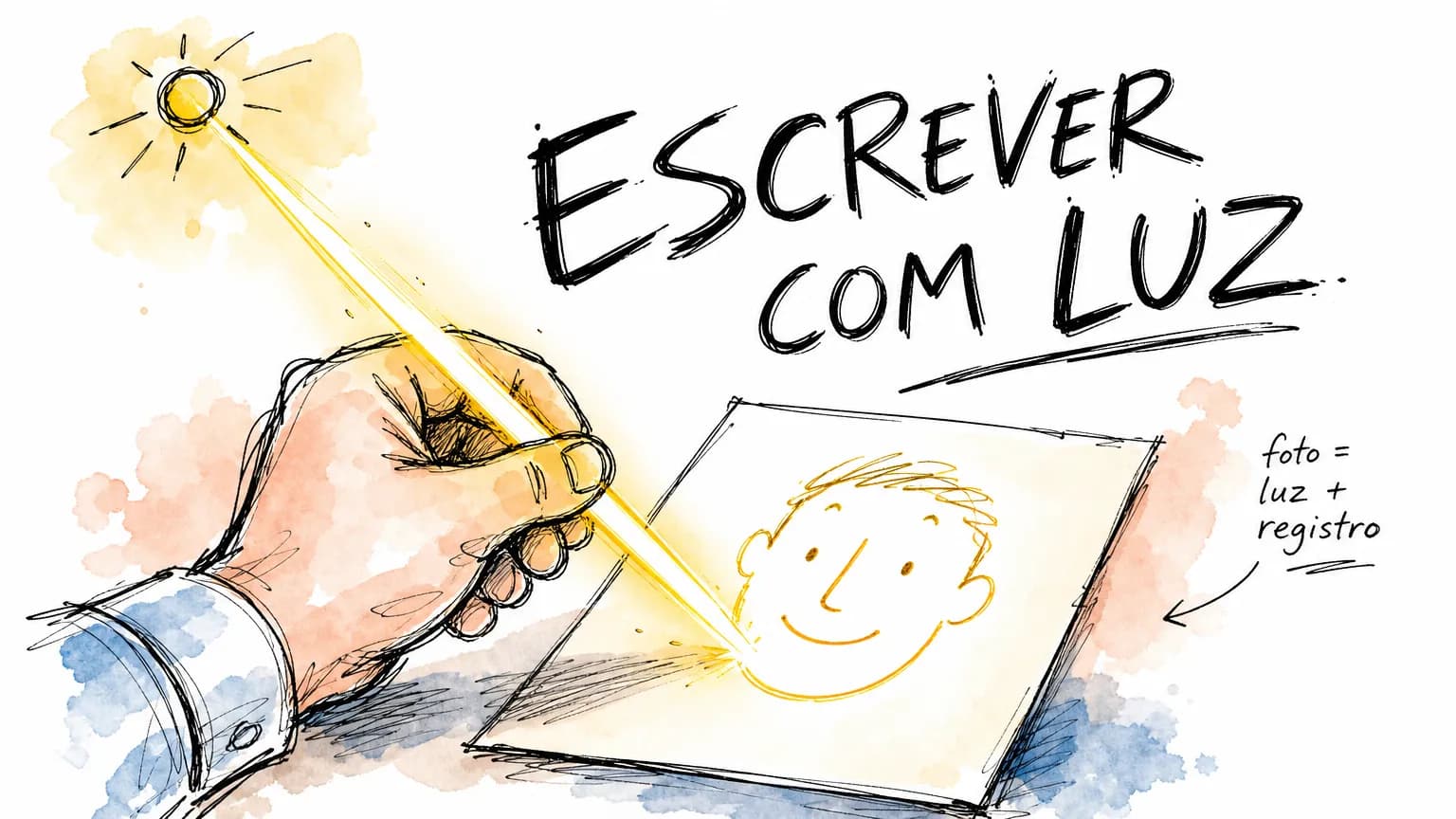 Mão escrevendo com luz o desenho de um rosto, ilustração do significado de fotografia, palavra grega que quer dizer escrever com luz