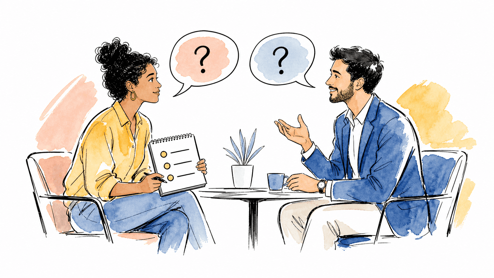 Ilustração de candidato e recrutador conversando com perguntas sobre vaga, equipe e processo