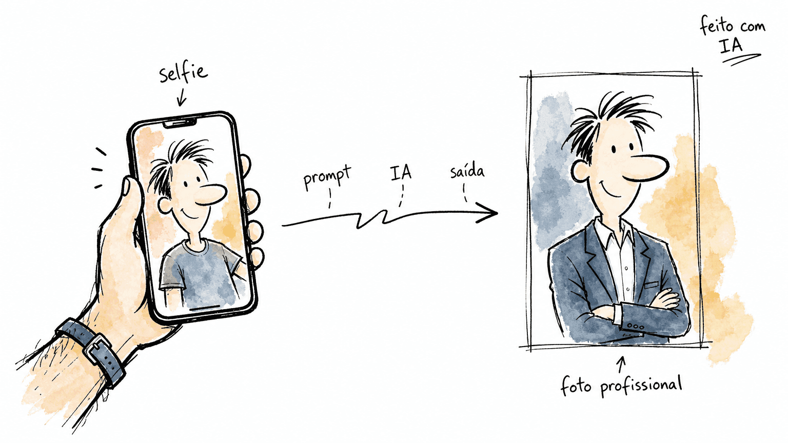 Ilustração cartoon de mão com celular e selfie virando foto profissional via IA: guia universal de prompt para 2026