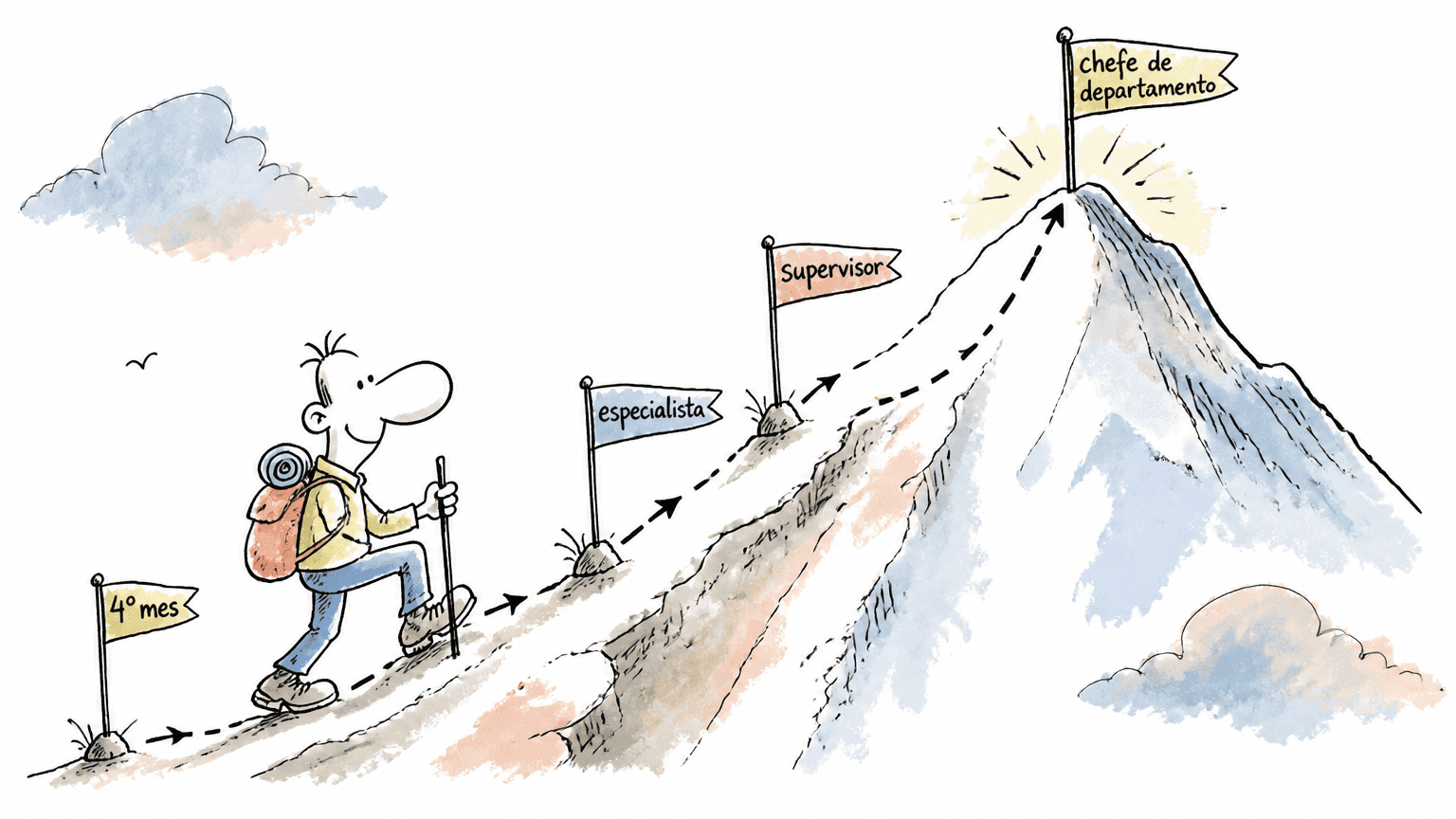 Cartoon de pessoa escalando uma montanha com bandeiras 4º mês, especialista e supervisor, ilustrando o Projeto Escalada da Atento