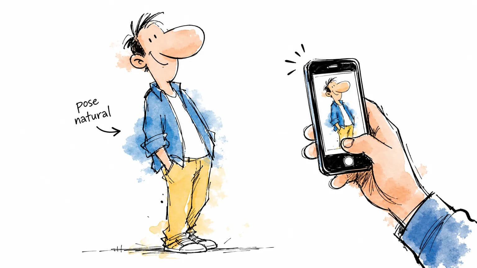 Cartoon de pessoa numa pose natural e confiante, corpo de leve em ângulo, mão no bolso e peso na perna de trás, sendo fotografada por um celular