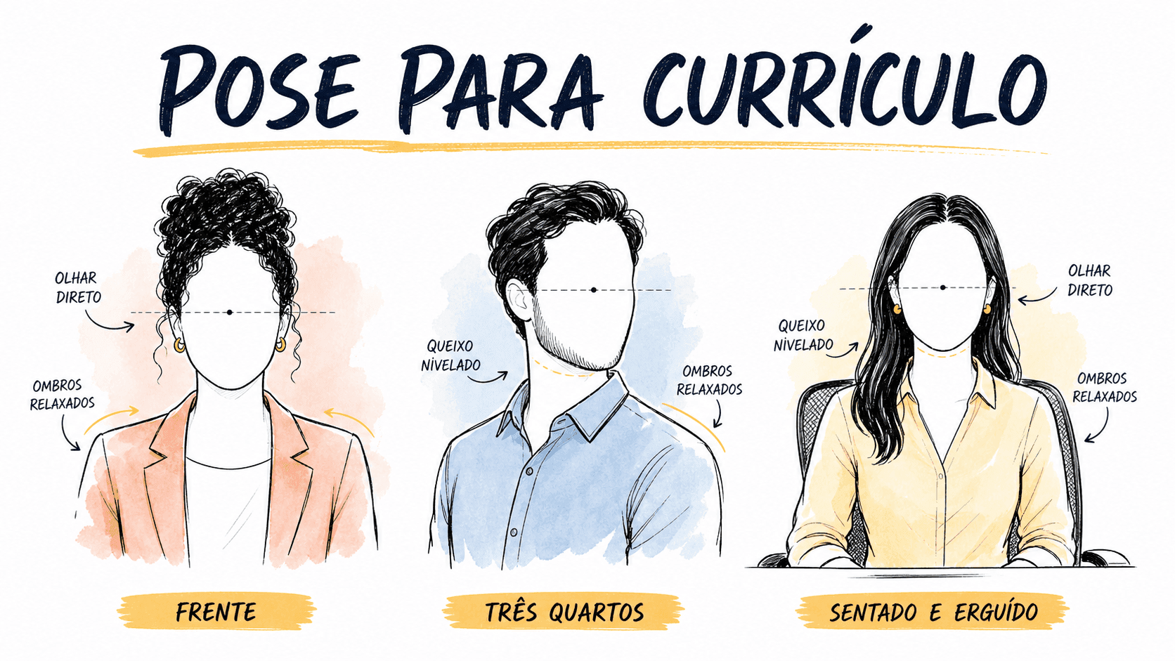 Ilustração com três poses para foto de currículo: frontal, três quartos e sentado erguido