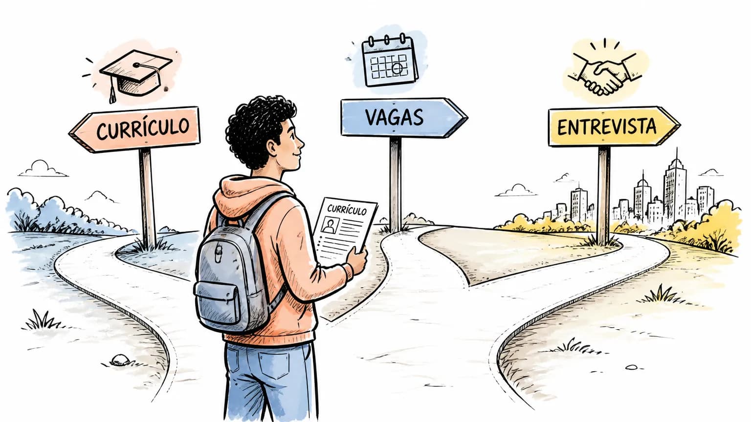 Ilustração de um jovem iniciando a busca pelo primeiro emprego.
