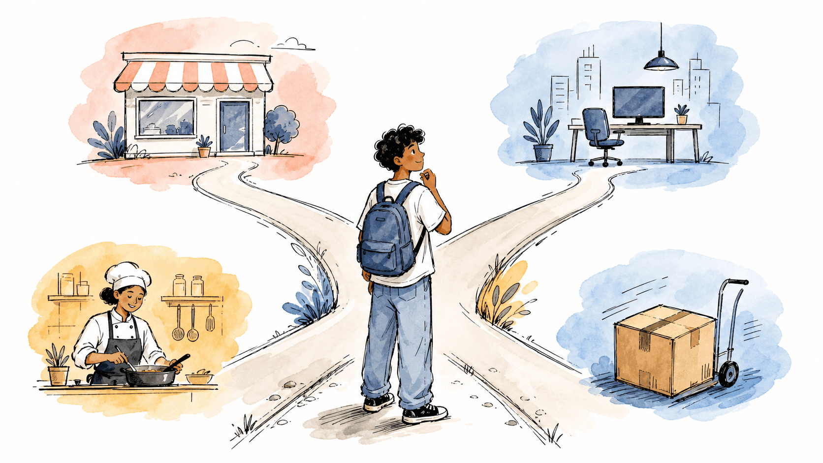 Jovem diante de caminhos para loja, escritório, cozinha e logística no primeiro emprego