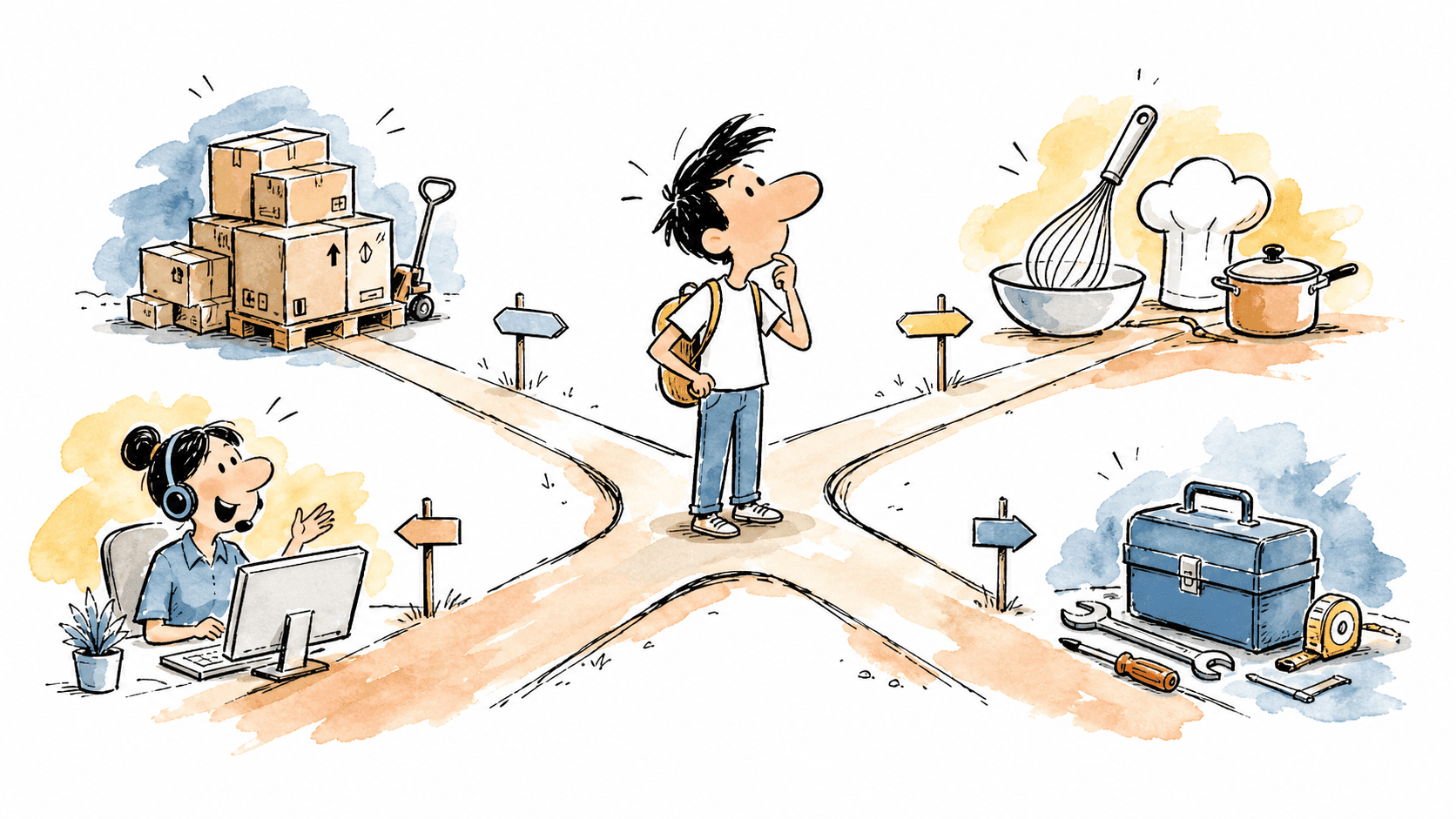 Pessoa avaliando quatro rotas de trabalho: atendimento, logística, cozinha e área técnica