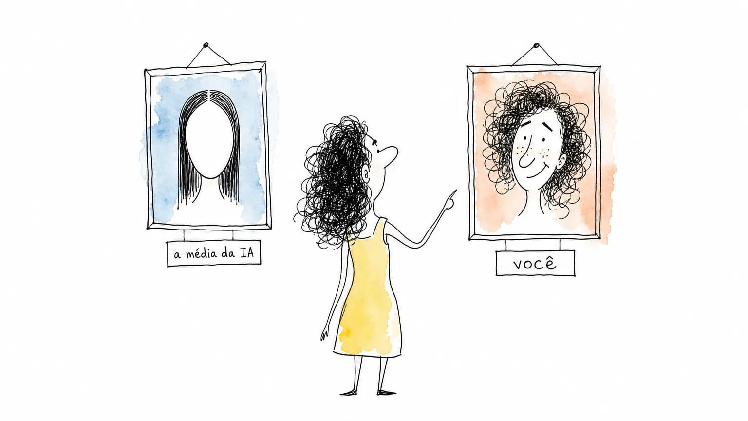 Ilustração de uma mulher diante de dois retratos: à esquerda o rosto padronizado pela média da IA, à direita o rosto real, com cachos e sardas.