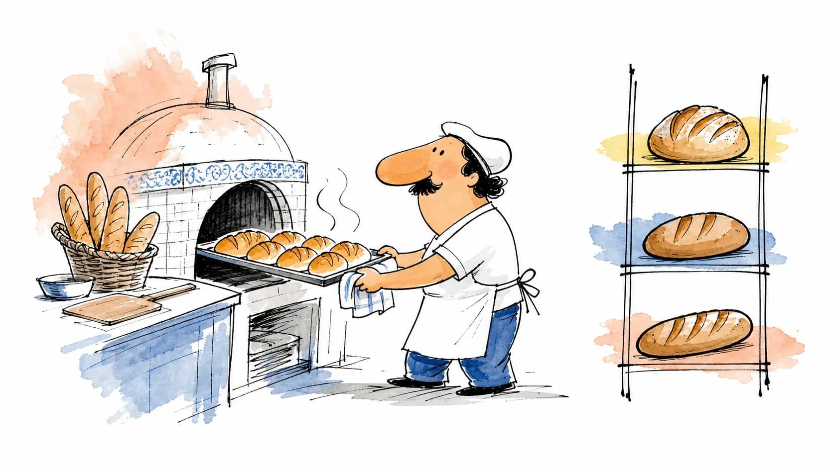 Ilustração de padeiro retirando pães do forno e três faixas de pães ao lado