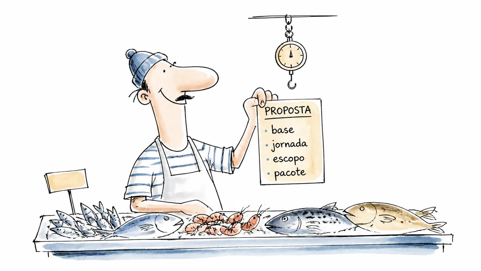 Ilustração de peixeiro com cartão de proposta salarial