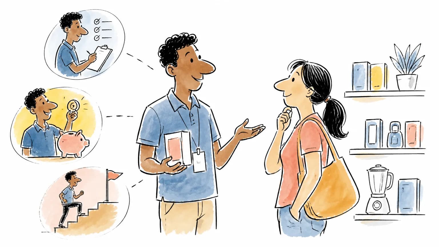 Ilustração sobre Vendedor: o que faz, salário e como ser, com profissional em ambiente de trabalho.
