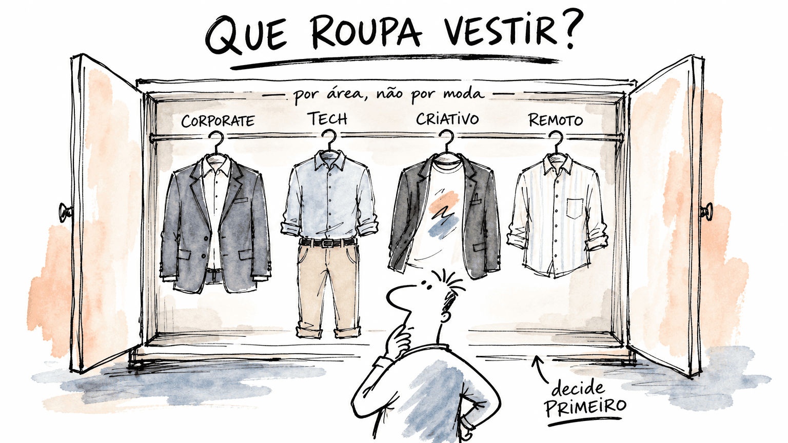 Doodle Red Bull em pt-BR de armário aberto com 4 cabides por área (corporate, tech, criativo, remoto), candidato decidindo